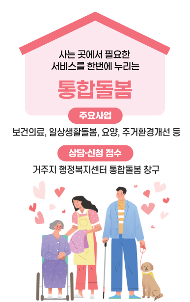 사는 곳에서 필요한 서비스를 한번에 누리는 통합돌봄주요사업 : 보건의료, 일상생활돌봄, 요양, 주거환경개선 등상담·신청 접수 : 거주지 행정복지센터 통합돌봄 창구