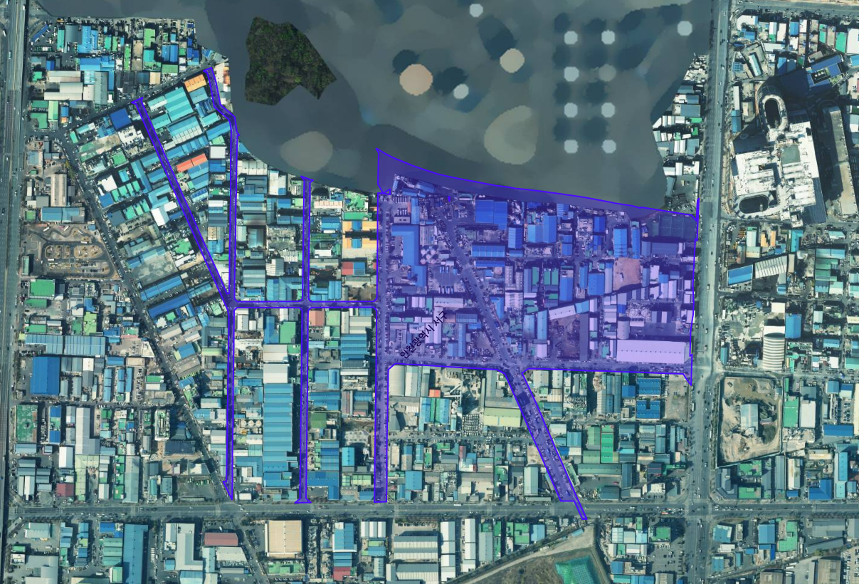 석남1지구 항공사진에서 석남1지구 사업구역(석남동 223-6번지 일원(139필지, 188,377㎡))을 파란 라인으로 표시