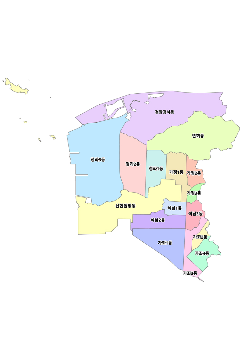 인천 서구 행정동을 나타낸 지도. 행정동구분 : 상단부터 불로대곡동, 검단동, 오류왕길동, 마전동, 당하동, 원당동, 아라1동, 아라2동, 검암경서동, 연희동, 청라3동, 청라2동, 청라1동, 가정1동, 가정2동, 가정3동, 신현원창동, 석남1동, 석남2동, 석남3동, 가좌1동, 가좌2동, 가좌3동, 가좌4동 